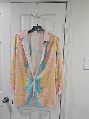 Printed Long Sleeve Shirt Dress - Pink & Blue